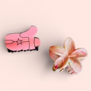 Bundle of Two Stylish Hair Clips - Plumeria Flower & Pink Boot w/Star NWOT